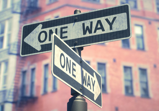3D illustration. Conceptual image of one-way sign used on several streets on the USA.