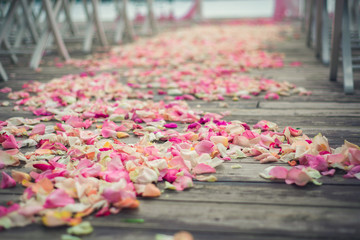 petals of flowers on a wooden floor