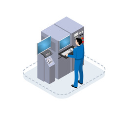 worker controls processes in production, isometric illustration