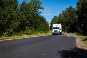 Fototapeta na wymiar White van on the asphalt road. The truck delivers cargo on the highway.