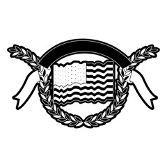 united states flag with circular olive branch edge and ribbon on top entrelace in monochrome silhouette vector illustration