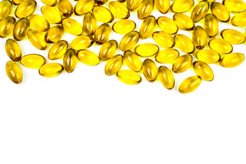 Fish oil in soft gelatin capsule isolated on white background with copy space for text. Vitamin and supplement for health protection and promotion concept.