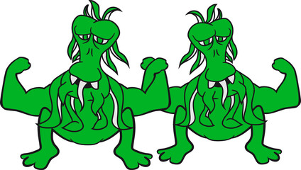 2 freunde team paar stark bodybuilder muskeln posen tentakel alien monster hässlich horror ausserirdischer halloween comic cartoon