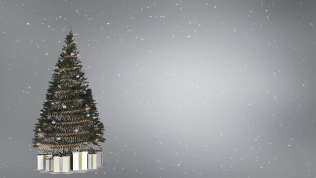 Christmas tree on silver background with copy space. Loop able, 3D rendering, UHD