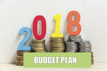 Key and coin with the word BUDGET PLAN and Number 2018 - the concept of savings