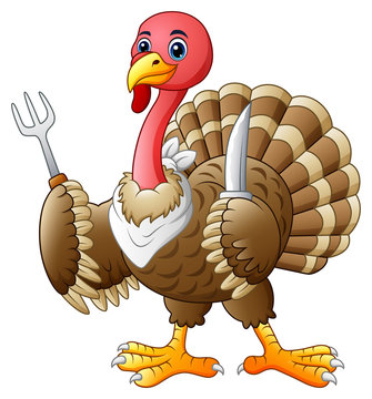 Cartoon turkey bird holding a knife and fork