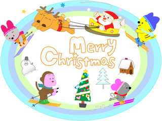 クリスマスの日に動物と一緒にウィンタースポーツで遊ぶサンタクロース。
