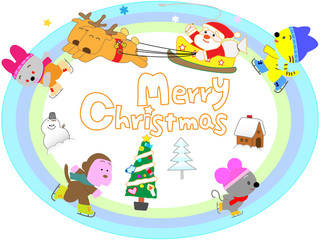 クリスマスの日に動物と一緒にウィンタースポーツで遊ぶサンタクロース。