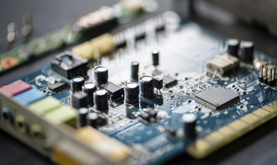 Fototapeta na wymiar Closeup of electronics computer components microprocessors mainboard