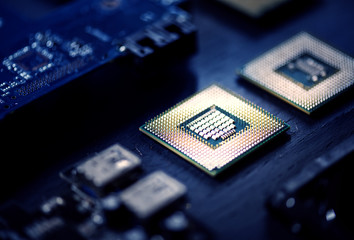 Closeup of electronics computer components microprocessors mainboard