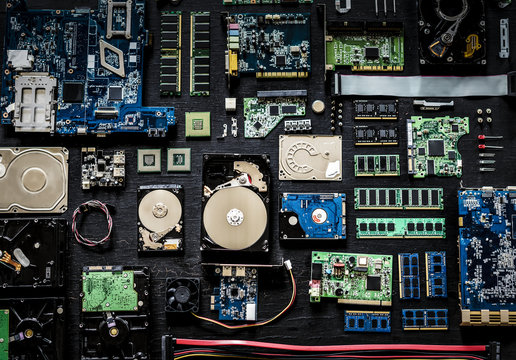 Aerial view of computer electronics componets parts flatlay