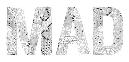 Word MAD for coloring. Vector decorative zentangle object