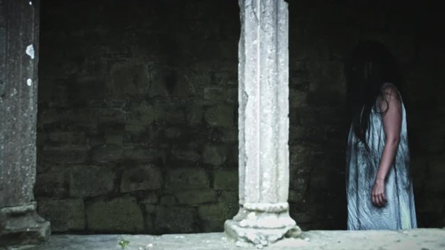 4k Horror Psycho Woman Walking in Haunted Castle