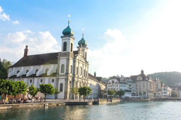 Fototapeta na wymiar Historic city center of Lucerne. Swiss landmark - May 28, 2017 : Lucerne During the high season of Switzerland, so many tourists travel a lot. To find the beauty.