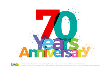 70 years anniversary celebration colorful logo with fireworks on white background. 70th anniversary logotype template design for banner, poster, card vector illustrator