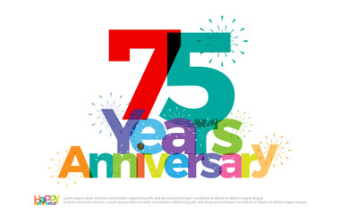 75 years anniversary celebration colorful logo with fireworks on white background. 75th anniversary logotype template design for banner, poster, card vector illustrator