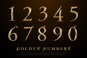 Set of Elegant Gold Colored Metal Chrome numbers. golden numbers 1, 2, 3, 4, 5, 6, 7, 8, 9, 10, logo design