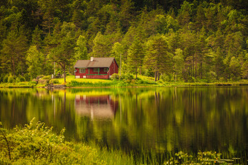Fototapeta na wymiar wooden cabin in forest on lake shore, Norway