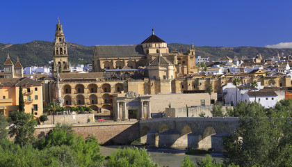 Fototapeta na wymiar Cordoba skyline, Spain. The Roman Bridge and Mosque (Cathedral) on the Guadalquivir River