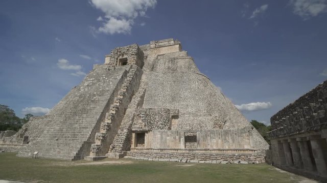 Back of maya pyramid Kukulkan in Mexico. Ancient architecture symbol at summer sunny day