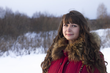 portrait white woman in fur coat winter day