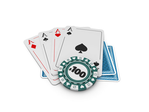 Set of aces playing cards suits and chip. Winning poker hand. 3d Illustration