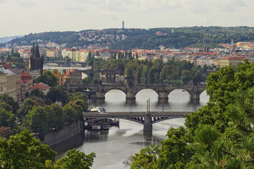 Obraz premium Scenic view of bridges on the Vltava river and historical center of Prague,buildings and landmarks of old town,Prague,Czech Rapublic