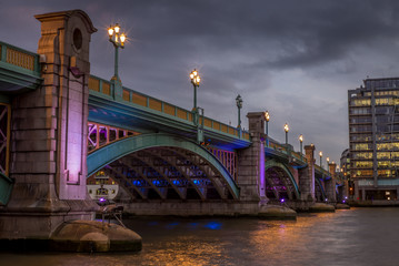 Colorful lights on the Southwalk bridge in London at night - 1