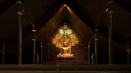 golden color meditating buddha image with two disciple praying in front and Ficus tree in the back.