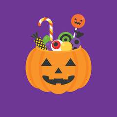 Jack o lantern bowl of halloween for trick or treat icon and candy, lollipop in flat design