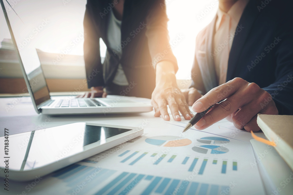 Aufkleber Business team working new startup project and discussing the charts and graphs showing the results at meeting accounting and financial