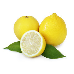 Ripe juicy lemon with a leaf isolated on white background