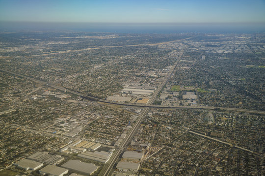 Aerial view of Compton, view from window seat in an airplane