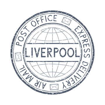 Postal stamp with Liverpool, Great Britain title. Round black postmark