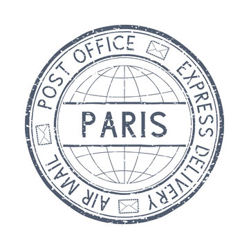 Postal stamp with PARIS, France title. Round gray postmark
