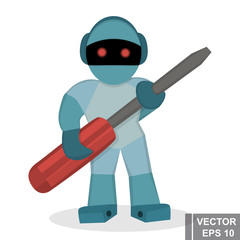 Robot with a screwdriver. Working. Simple flat illustration. For your design.