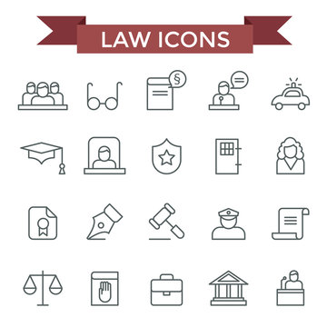 Law icons, thin line flat design