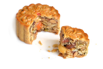 Mooncake with five kernel filling on white background - isolated