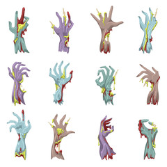 Zombie hand set with gore vector illustration. Cartoon doomsday bloody and decayed grabbing hands or undead human limbs isolated on white