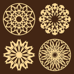 Obraz premium DIY laser cutting patterns. Jigsaw die cut ornaments. Islamic cutout silhouette stencils. Fretwork round panels. Vector coasters for paper cutting, scrapbook and woodcut.