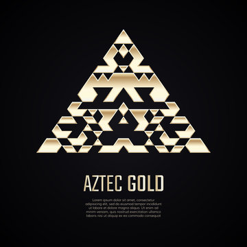 Golden pyramid. Gold triangle shape. Gradient premium sign. Isolated aztec pattern. Business identity concept for jewelry, precious company or jewellery boutique.
