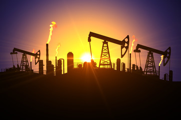 3D illustration of silhouettes of oil derricks and fuel factories with gas flame from pipes