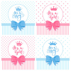 Baby shower cards with a bow, crown and pattern.