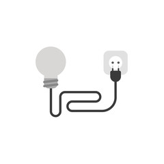 Flat design style vector concept of grey light bulb with wire electrical plug and outlet on white