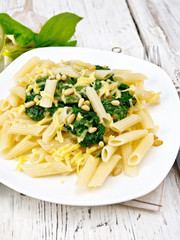 Pasta penne with spinach and cedar nuts on light board