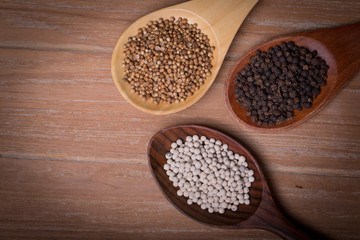 Coriander seeds, Black Pepper Corns and White Pepper Corns