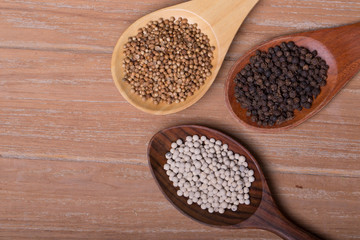 Coriander seeds, Black Pepper Corns and White Pepper Corns