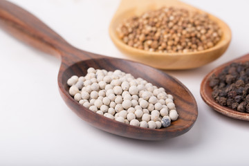 Coriander seeds, Black Pepper Corns and White Pepper Corns
