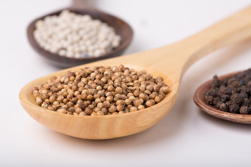 Coriander seeds, Black Pepper Corns and White Pepper Corns