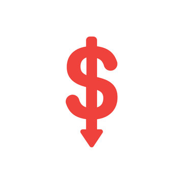 Flat design style vector concept of dollar symbol icon with arrow pointing down on white